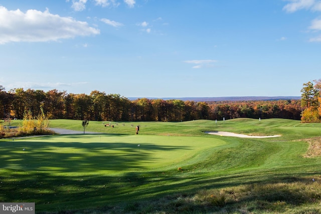 surrounding community with view of golf course, a yard, and a putting green