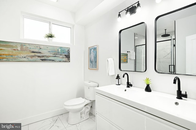 bathroom with marble look tiles, baseboards, toilet, a shower stall, and double vanity