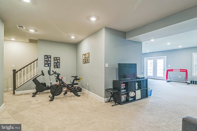 718 Quarry Point Rd, Malvern, PA 19355 - exercise room featuring carpet flooring, baseboards, french doors, and recessed lighting