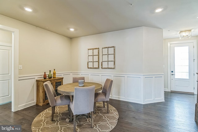 718 Quarry Point Rd, Malvern, PA 19355 - dining room featuring wainscoting, dark wood-style floors, a decorative wall, and recessed lighting