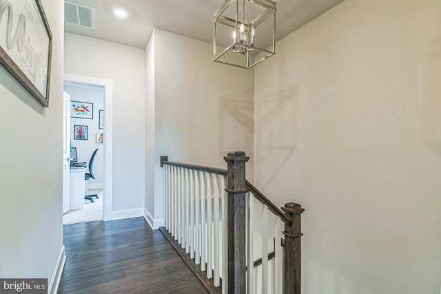 718 Quarry Point Rd, Malvern, PA 19355 - hall featuring a chandelier, an upstairs landing, dark wood-type flooring, and baseboards