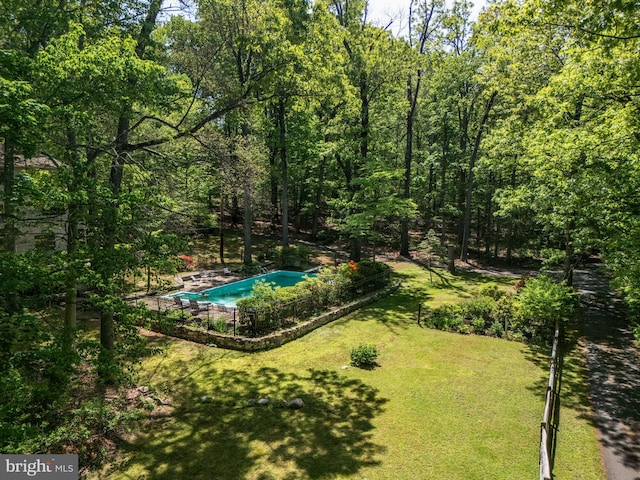 view of grassy yard featuring a forest view