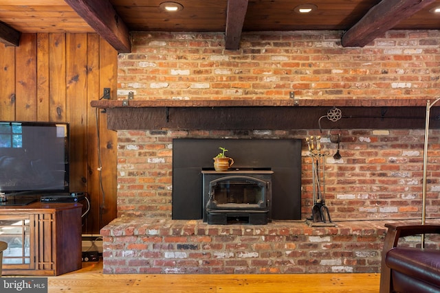 living area with wooden ceiling, beam ceiling, wood finished floors, and recessed lighting