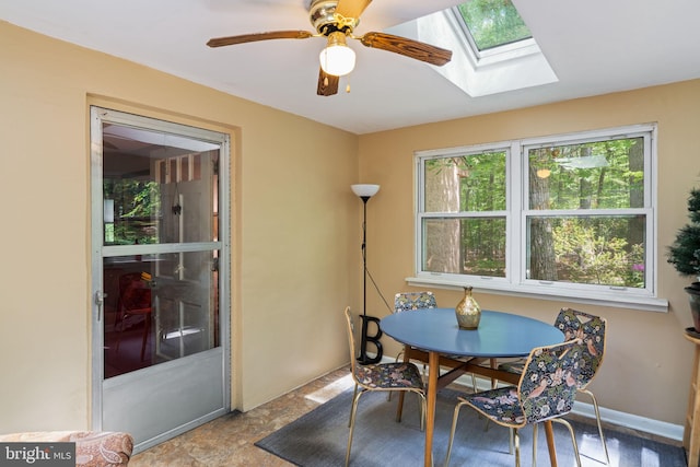 dining room with a skylight and ceiling fan
