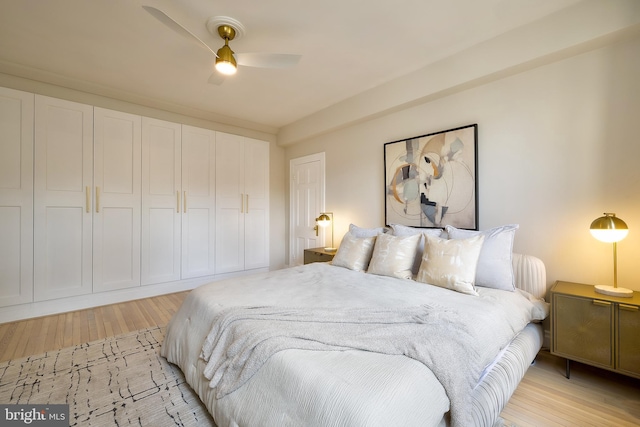 bedroom with light wood-type flooring, ceiling fan, and a closet