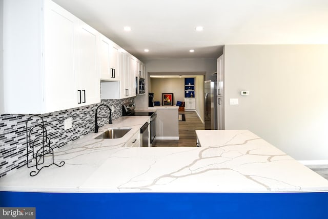 1210 Lindsay Rd, Oxon Hill, MD 20745 - kitchen with appliances with stainless steel finishes, a sink, wood finished floors, light stone counters, and backsplash