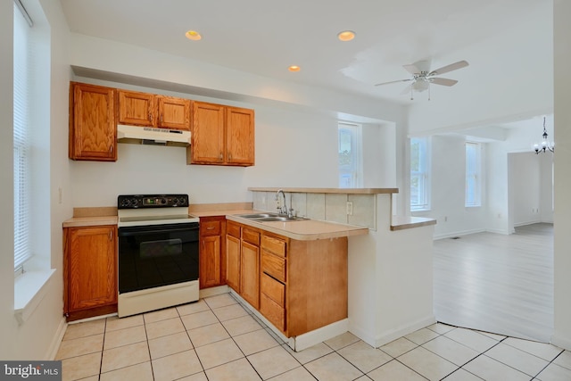 kitchen featuring electric stove, under cabinet range hood, a peninsula, a sink, and light countertops