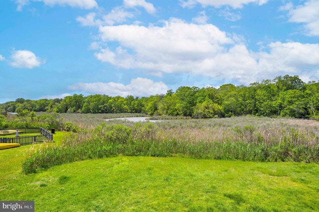 view of yard with a water view and a forest view