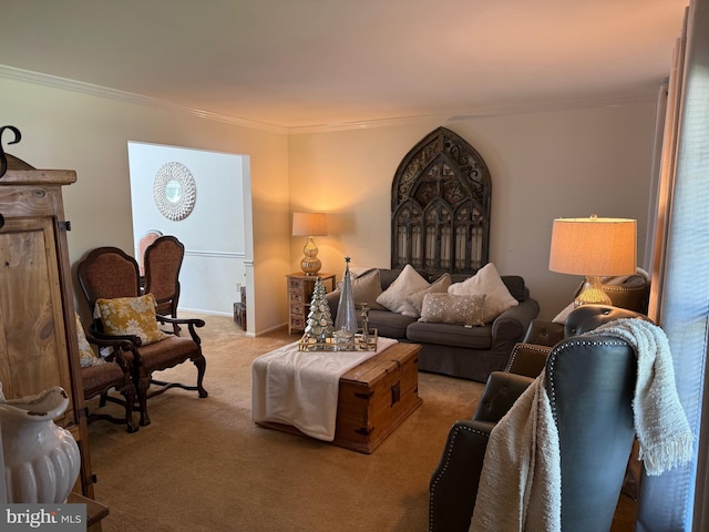 carpeted living area with crown molding