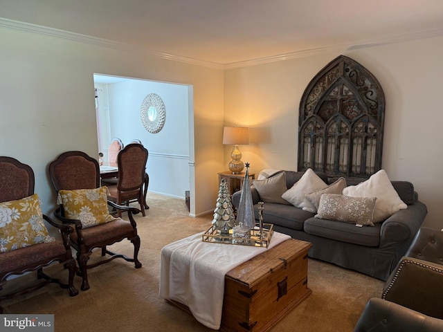 living room with carpet flooring and crown molding