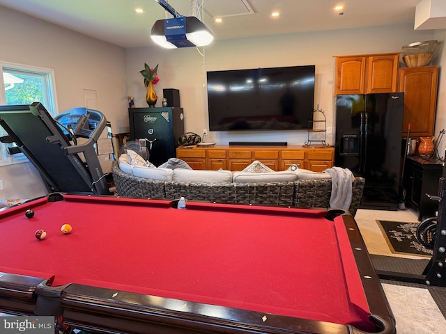 playroom featuring billiards, recessed lighting, and light carpet