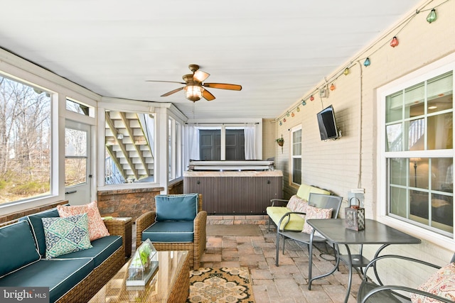 4108 Brushfield Dr, Frederick, MD 21704 - sunroom with a hot tub, an outdoor hangout area, and ceiling fan