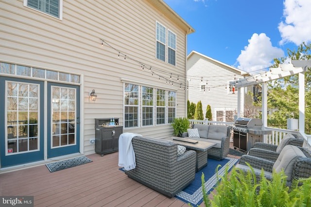 4108 Brushfield Dr, Frederick, MD 21704 - wooden terrace with outdoor lounge area and a grill
