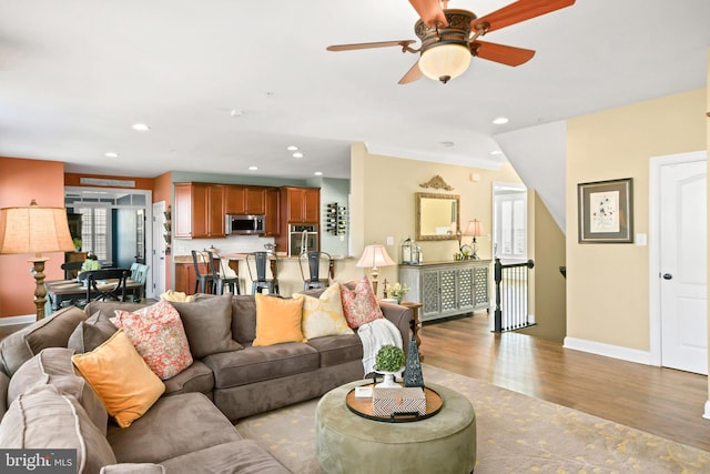 4108 Brushfield Dr, Frederick, MD 21704 - living room with wood finished floors, baseboards, ceiling fan, and recessed lighting