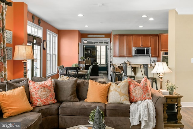 4108 Brushfield Dr, Frederick, MD 21704 - living room featuring recessed lighting, baseboards, and wood finished floors