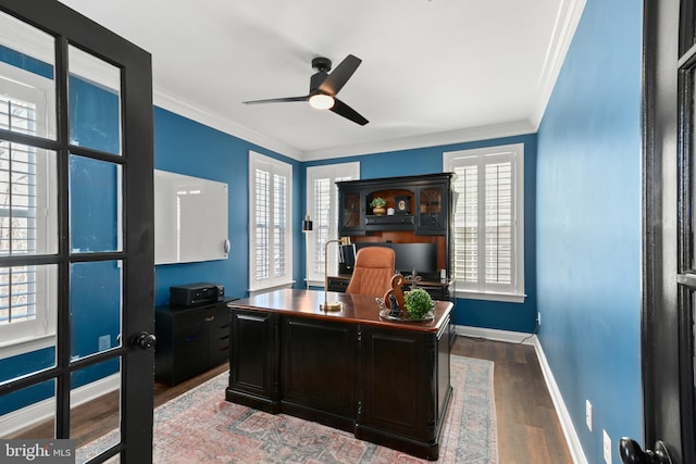 4108 Brushfield Dr, Frederick, MD 21704 - office space featuring a ceiling fan, dark wood-style floors, crown molding, and baseboards