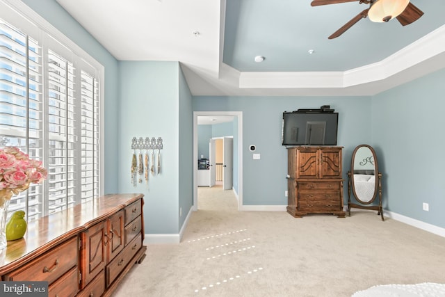 4108 Brushfield Dr, Frederick, MD 21704 - bedroom featuring light colored carpet, a tray ceiling, baseboards, crown molding, and a ceiling fan