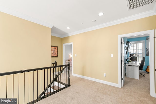 4108 Brushfield Dr, Frederick, MD 21704 - hallway featuring an upstairs landing, ornamental molding, light colored carpet, recessed lighting, and baseboards