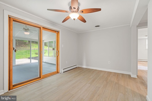 spare room with baseboard heating, a ceiling fan, light wood-style flooring, baseboards, and crown molding