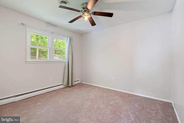 carpeted spare room featuring ceiling fan, a baseboard heating unit, and baseboards