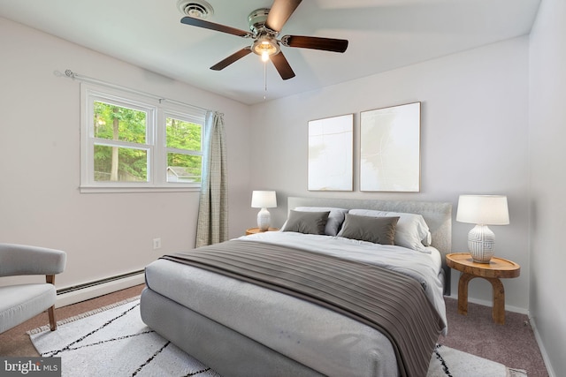 bedroom with baseboard heating, baseboards, carpet, and ceiling fan