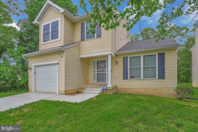 traditional-style house with a front lawn, a garage, and driveway