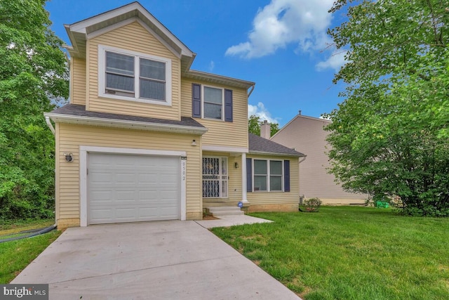 traditional home with an attached garage, a front lawn, concrete driveway, and roof with shingles