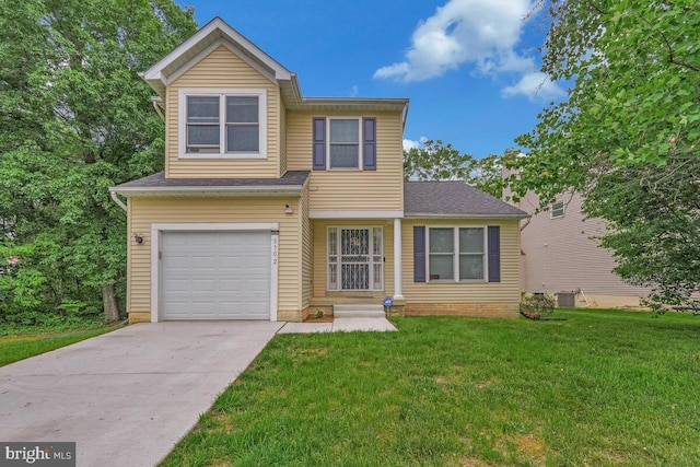 traditional-style home featuring an attached garage, a front lawn, driveway, and a shingled roof