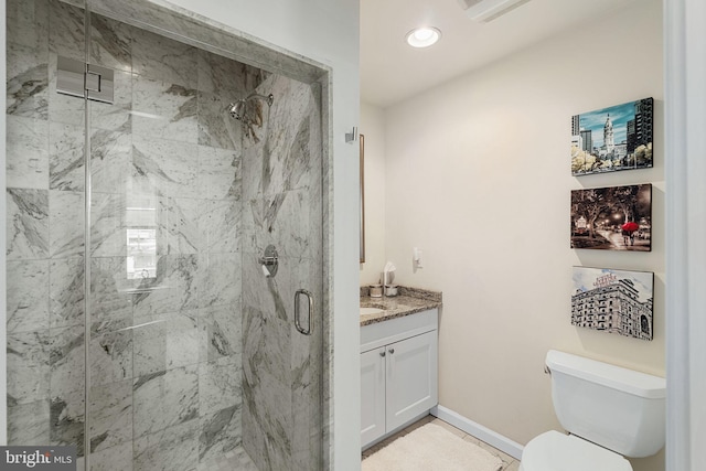 1811 Chestnut St Unit 405, Philadelphia, PA 19103 - full bathroom with a marble finish shower, toilet, vanity, baseboards, and recessed lighting