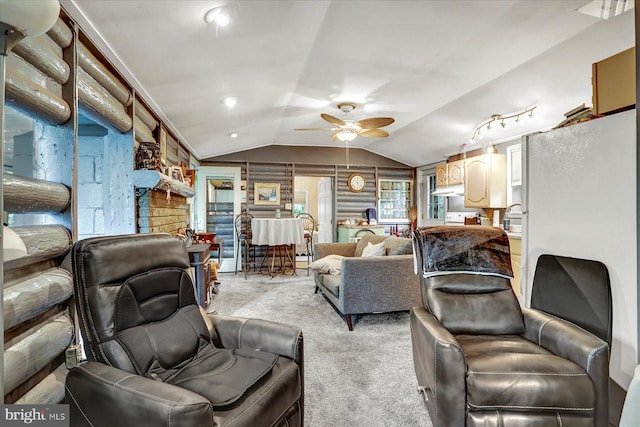 5538 Turkey Rd, Fort Loudon, PA 17224 - living area featuring vaulted ceiling, light carpet, and a ceiling fan