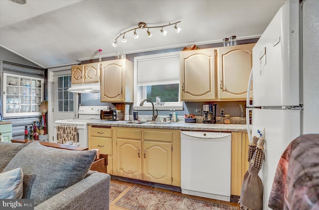 5538 Turkey Rd, Fort Loudon, PA 17224 - kitchen with white appliances, a sink, light countertops, vaulted ceiling, and under cabinet range hood