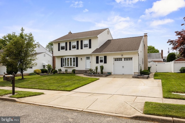 colonial inspired home featuring an attached garage, a gate, concrete driveway, and a chimney