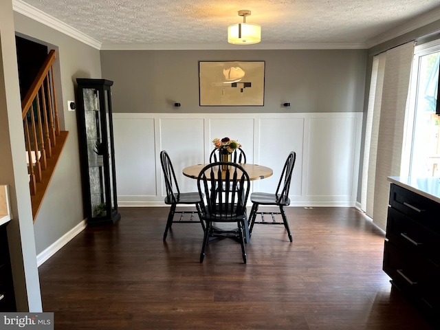 dining room featuring a textured ceiling, dark wood-style floors, a decorative wall, a wainscoted wall, and crown molding