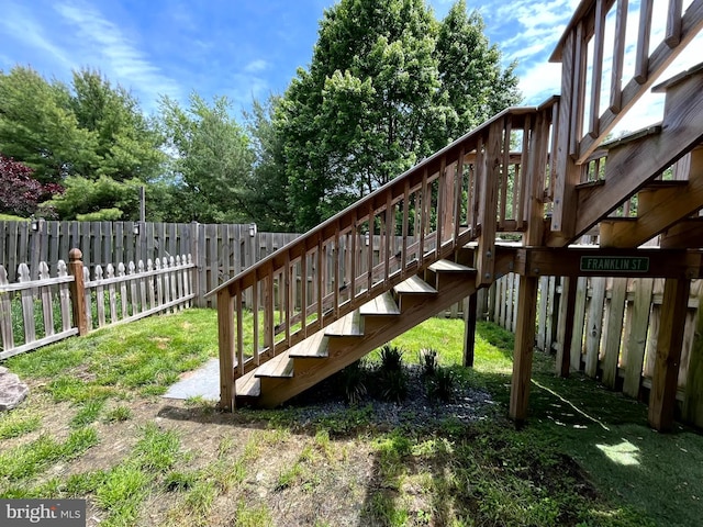 view of patio / terrace featuring stairs and a fenced backyard