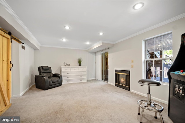 146 Connery Ter SW, Leesburg, VA 20175 - living area with crown molding, carpet floors, a barn door, baseboards, and a glass covered fireplace