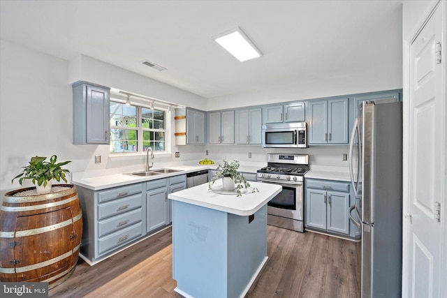 146 Connery Ter SW, Leesburg, VA 20175 - kitchen featuring stainless steel appliances, a sink, dark wood finished floors, a center island, and gray cabinets