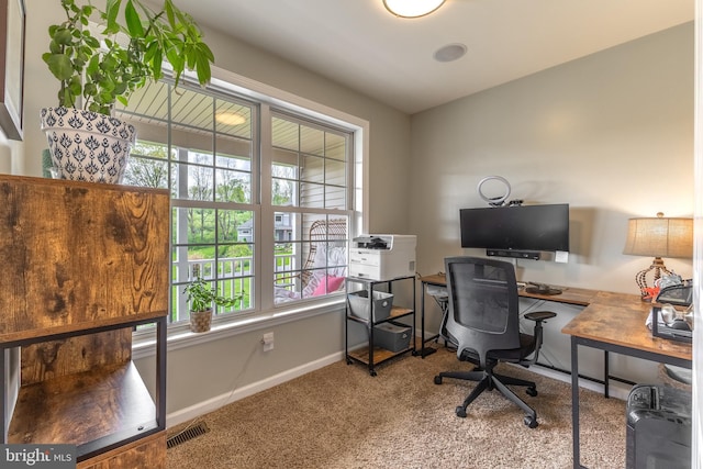 home office with healthy amount of natural light, carpet flooring, and baseboards