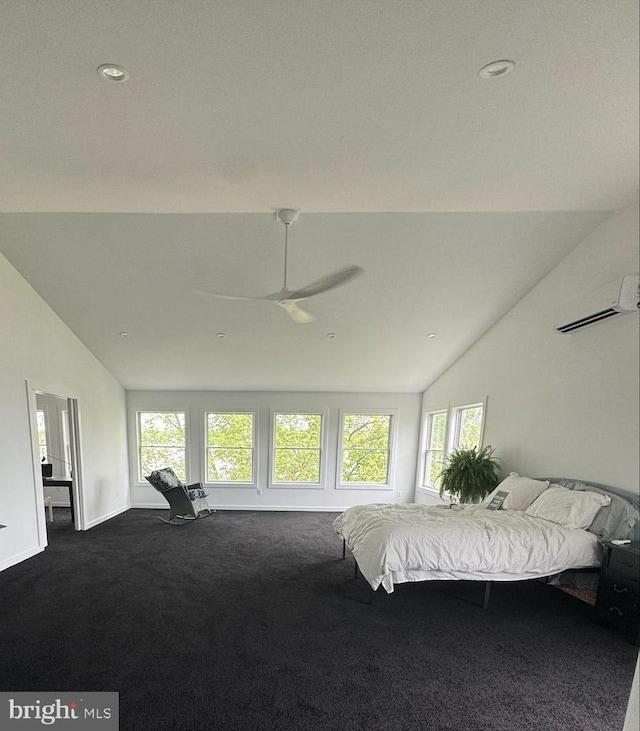 bedroom featuring lofted ceiling, dark colored carpet, baseboards, recessed lighting, and ceiling fan