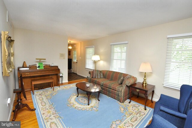 living room featuring wood finished floors and baseboards