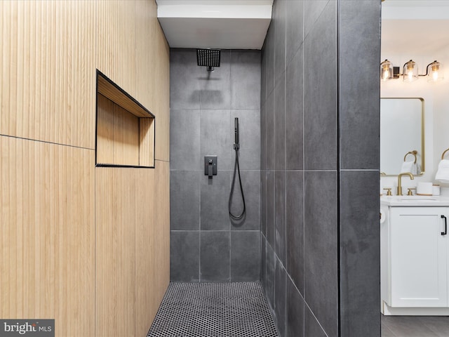 139 Laura Ct, Basye, VA 22810 - full bathroom with a tile shower, vanity, and tile patterned flooring