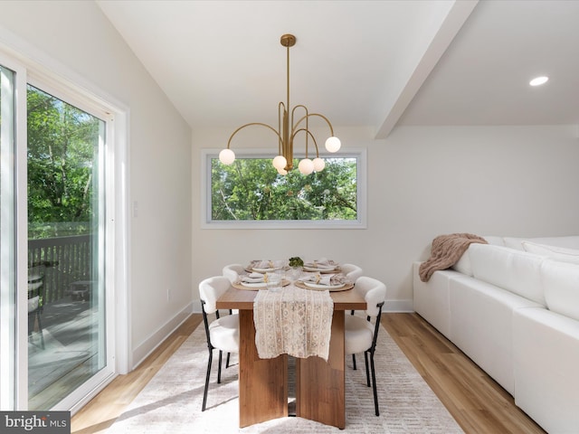 139 Laura Ct, Basye, VA 22810 - dining space with plenty of natural light, a chandelier, light wood-style floors, baseboards, and beamed ceiling
