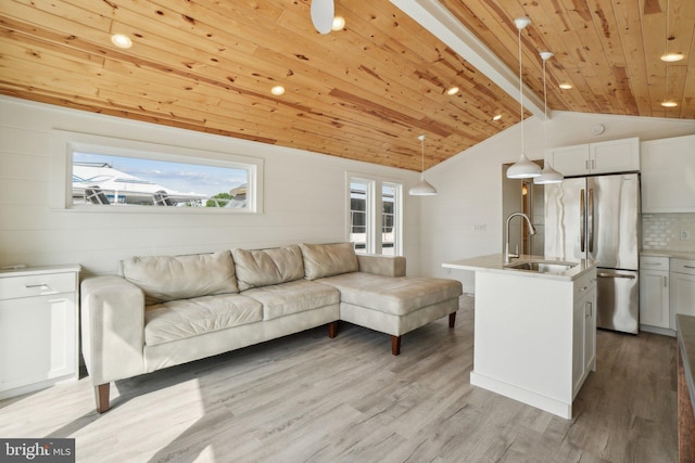 living area with wood ceiling, wood finished floors, and recessed lighting