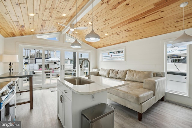 kitchen featuring a sink, wood ceiling, open floor plan, light wood-type flooring, and stainless steel electric range