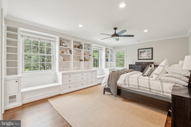 11013 Homeplace Ln, Potomac, MD 20854 - bedroom with crown molding, light wood-type flooring, recessed lighting, and ceiling fan