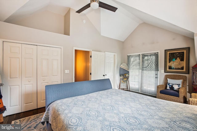 bedroom featuring dark wood finished floors, high vaulted ceiling, access to outside, and a ceiling fan