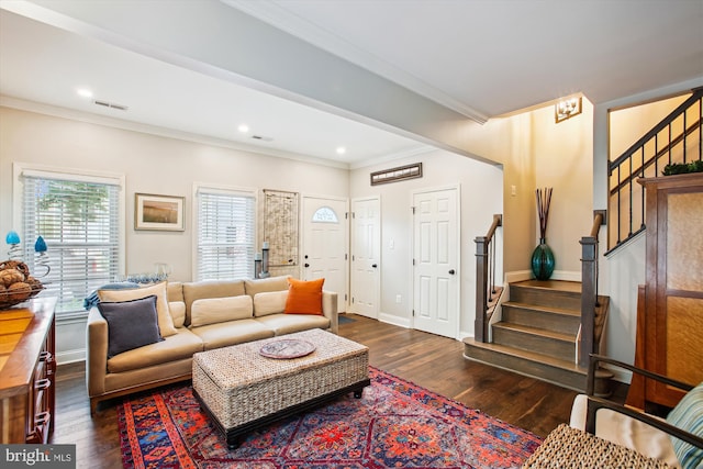 living room with stairs, dark wood-style flooring, baseboards, ornamental molding, and recessed lighting
