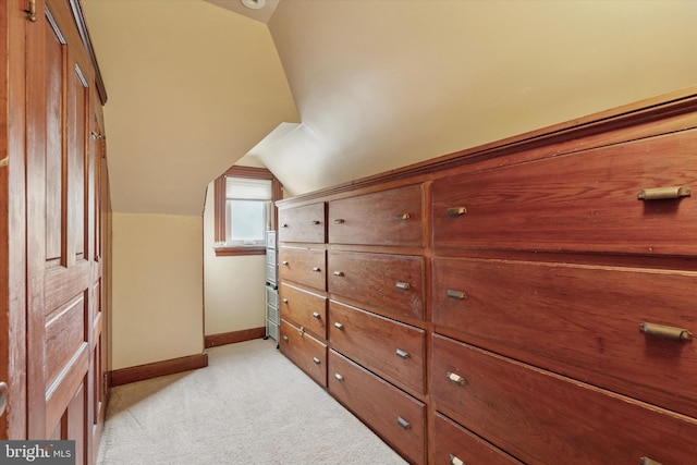 additional living space with baseboards, lofted ceiling, and light colored carpet