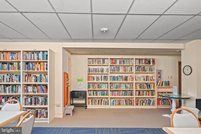 4201 Cathedral Ave NW Unit 415E, Washington, DC 20016 - living area with bookshelves, carpet floors, and a paneled ceiling