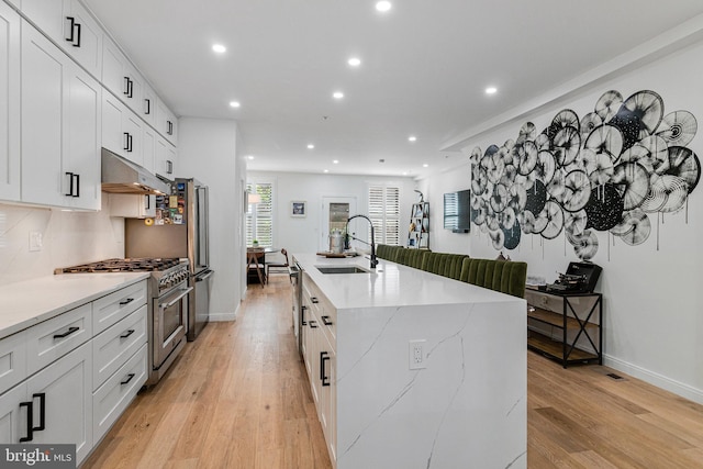 1440 Oak St NW Unit 1, Washington, DC 20010 - kitchen with appliances with stainless steel finishes, a sink, under cabinet range hood, recessed lighting, and light wood finished floors