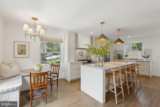 kitchen featuring tasteful backsplash, white cabinetry, plenty of natural light, wood finished floors, and recessed lighting